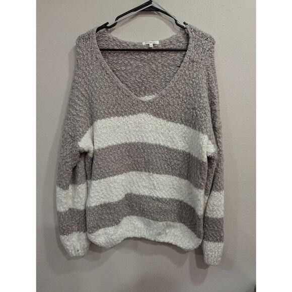 Super soft neutral striped v-neck cotton blend sweater by Miracle USA size M/L - Picture 1 of 6